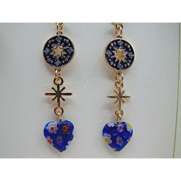 NIB C&C California Blue Gold Moon Stars Glass Beaded Heart Dangle Earrings - Picture 7 of 11